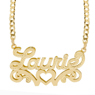 14k Gold over Sterling Silver / Cuban Chain Double Nameplate Necklace w/ Love Heart "Laurie"