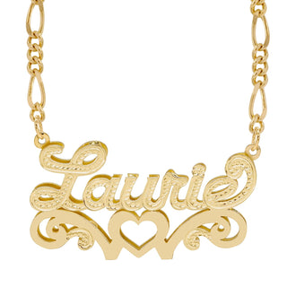 14k Gold over Sterling Silver / Figaro Chain Double Nameplate Necklace w/ Love Heart "Laurie"