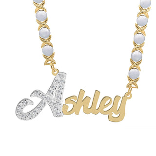 14k Gold over Sterling Silver / Rhodium Xoxo Chain Single Plated Nameplate Necklace "Ashley" with Stones