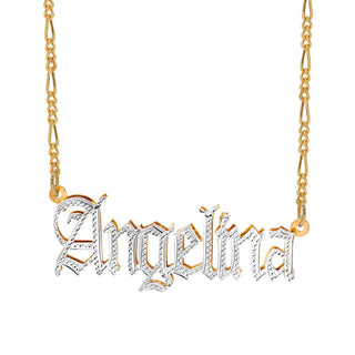 Gold Plated / Figaro Chain Double-Plate Beaded "Angelina" Name Necklace