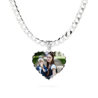 Silver Plated / Cuban Chain Heart Shaped Portrait Pendant