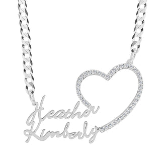 Sterling Silver / Cuban Chain Copy of Single Plated Nameplate Necklace "Heather" with Stones Heart