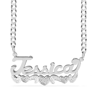 Sterling Silver / Cuban Chain Double Name Necklace w/Beading-Rhodium "Jessica"