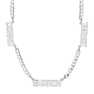 Sterling Silver / Cuban Chain Personalized Nameplate Necklace w/ Three Cut-Out Names on Cuban Chain