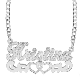 Sterling Silver / Cuban Chain Rhodium Beaded "Double" Nameplate