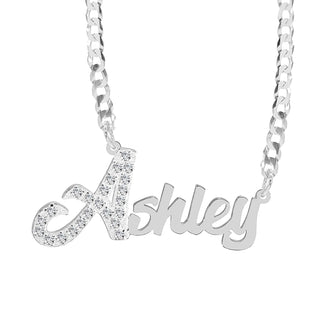 Sterling Silver / Cuban Chain Single Plated Nameplate Necklace "Ashley" with Stones