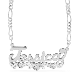 Sterling Silver / Figaro Chain Double Name Necklace w/Beading-Rhodium "Jessica"