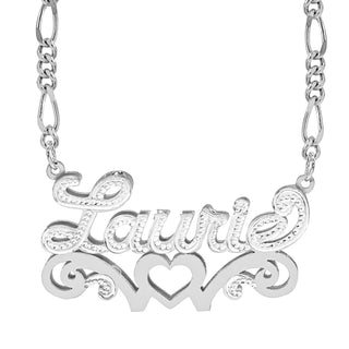 Sterling Silver / Figaro Chain Double Nameplate Necklace w/ Love Heart "Laurie"