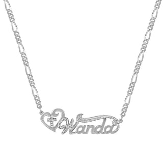 Sterling Silver / Figaro Chain Double Nameplate w/ Rhodium Plated