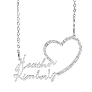 Sterling Silver / Link Chain Copy of Single Plated Nameplate Necklace "Heather" with Stones Heart