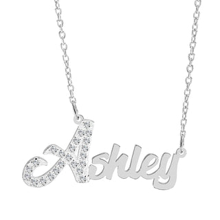 Sterling Silver / Link Chain Single Plated Nameplate Necklace "Ashley" with Stones
