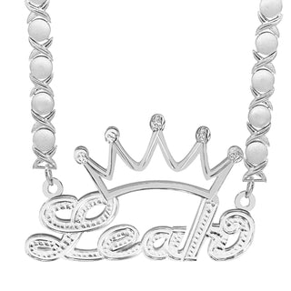 Sterling Silver / Rhodium Xoxo Chain Personalized Double Nameplate Necklace with Crown "Leah"
