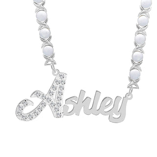 Sterling Silver / Rhodium Xoxo Chain Single Plated Nameplate Necklace "Ashley" with Stones