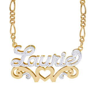 Two-Tone Sterling Silver / Figaro Chain Double Nameplate Necklace w/ Love Heart "Laurie"