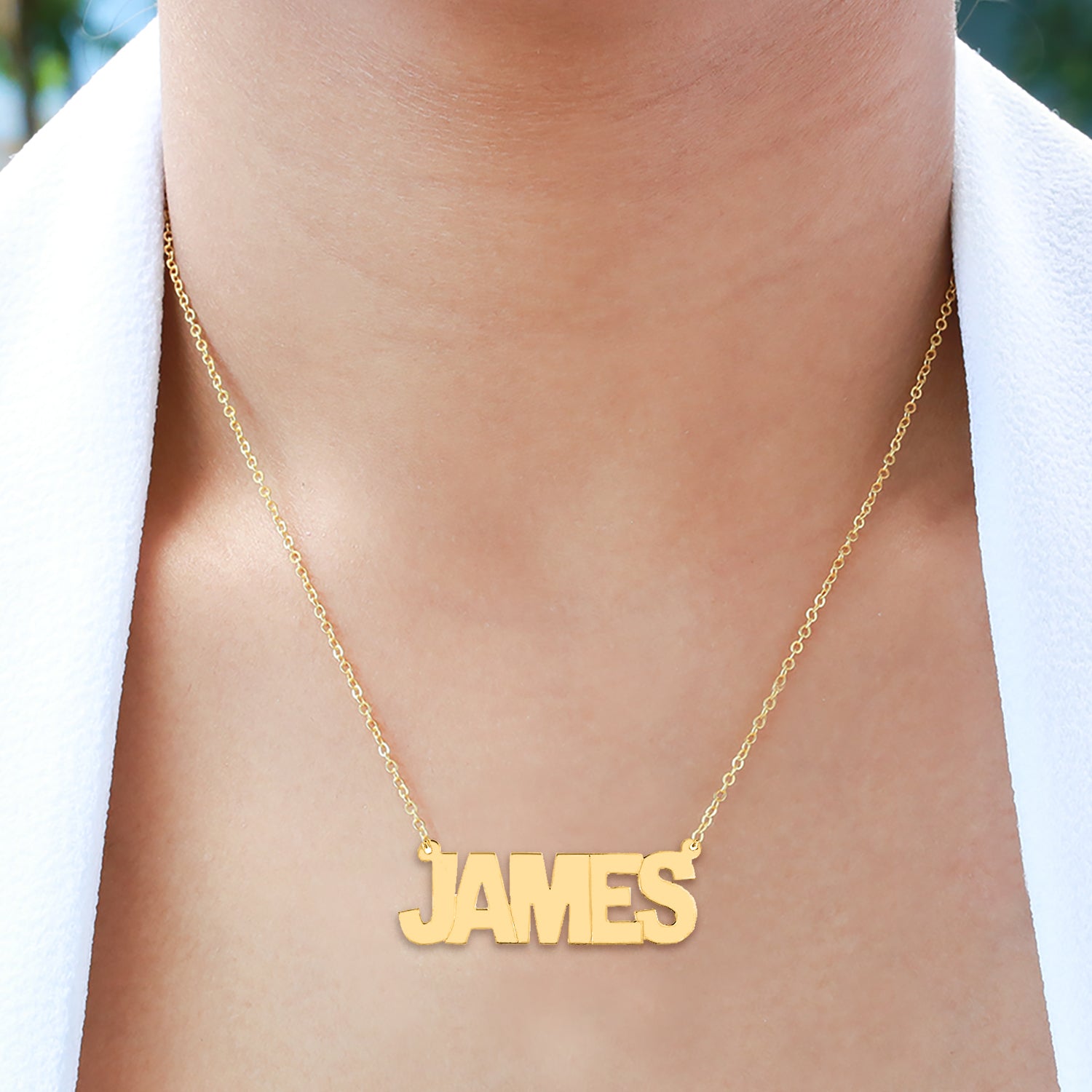 Gold block name on sale necklace