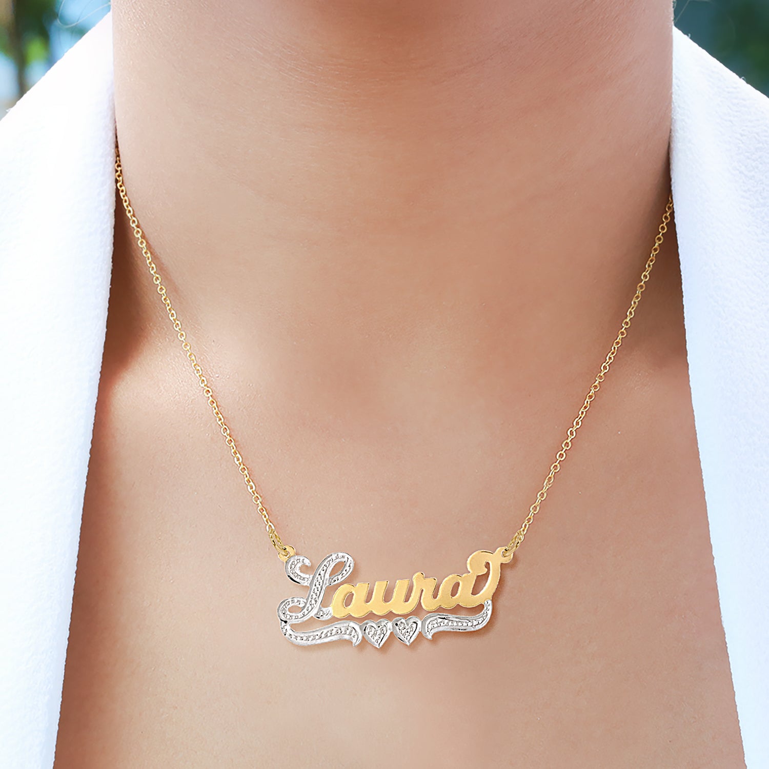 Laura Nameplate Necklace with Heart and Tail – Jay Aimee Designs